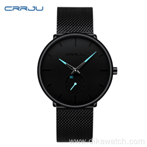 Crrju top brand men's fashion watches luxury quartz watch Casual slim steel mesh sports waterproof watch